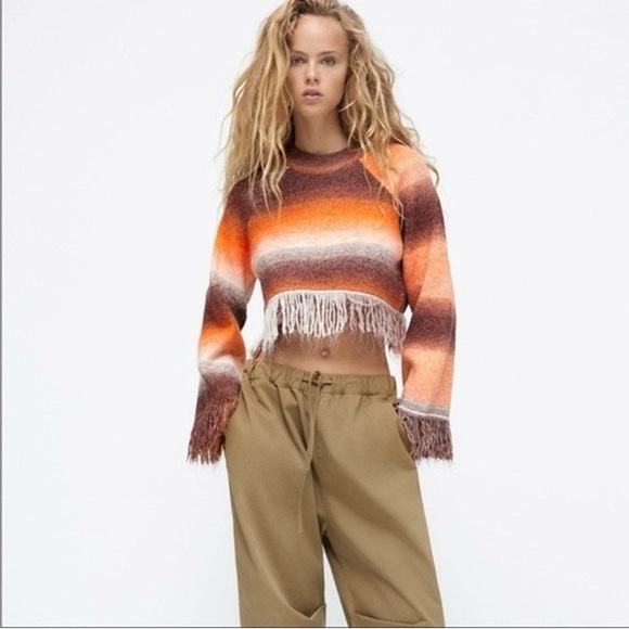 Zara Fringe Striped Cropped Sweater - New - Picture 5 of 16